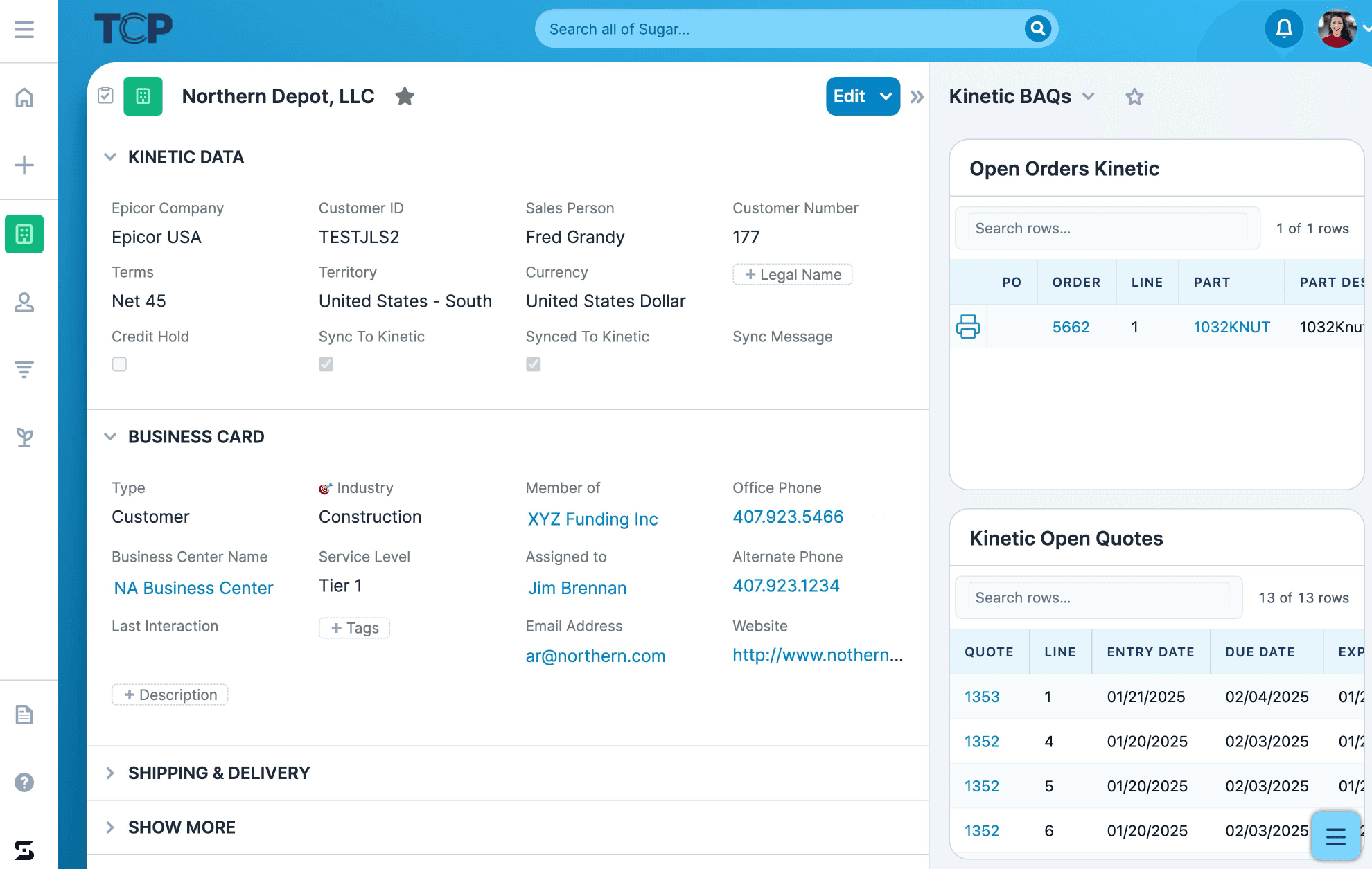 A Sugar account record showing live Epicor Kinetic data: Kinetic panel fields, open orders, and open quotes dashlets