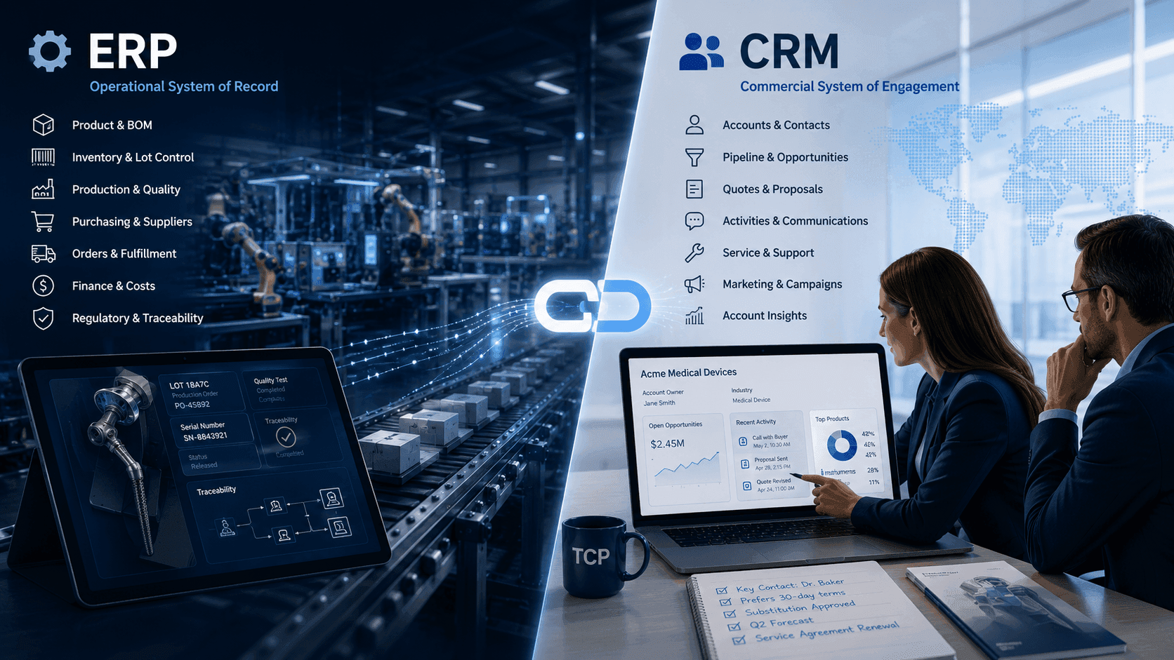 ERP para dispositivos médicos vs CRM: Qué posee cada sistema